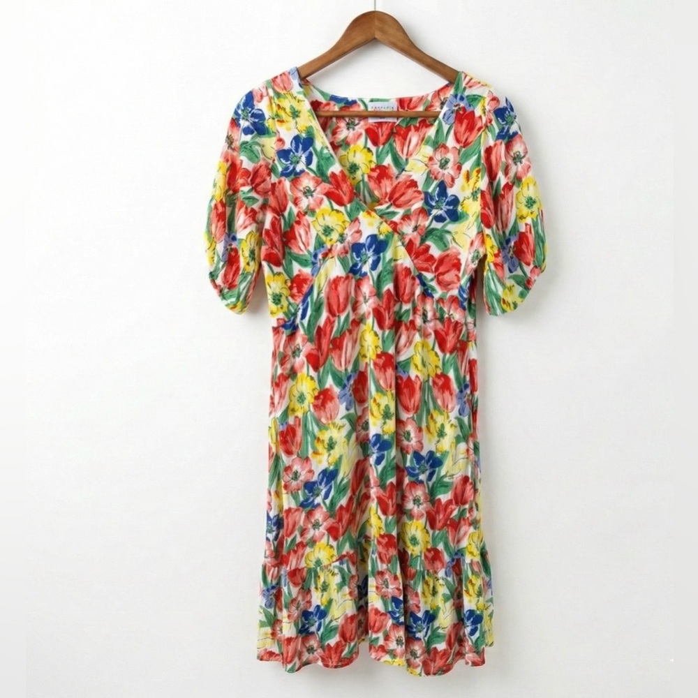 Compañía Fantástica Tulip Print Midi Dress L Red Floral Puff Sleeve Viscose